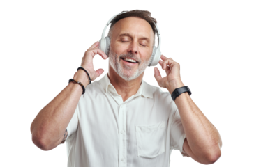 PNG studio shot of a mature man wearing headphones against a grey background