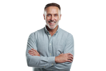 PNG studio portrait of a mature man standing with his arms folded against a grey background