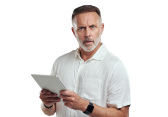PNG studio portrait of a mature man looking confused while using a digital tablet against a grey background