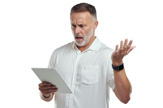 PNG studio shot of a mature man looking confused while using a digital tablet against a grey background
