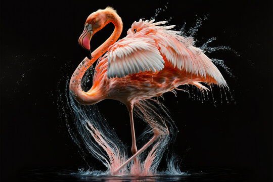 Pink Flamingo Dancing In The Water. Digital Art