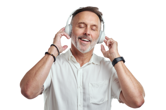 PNG studio shot of a mature man wearing headphones against a grey background