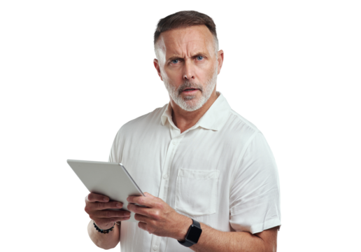 PNG studio portrait of a mature man looking confused while using a digital tablet against a grey background