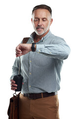 PNG studio shot of a mature man carrying a bag and cup of coffee while the time on his wristwatch...