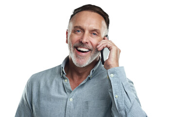 PNG studio portrait of a mature man talking on a cellphone against a grey background