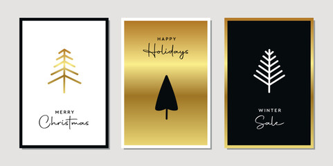 set of christmas greeting cards with fir tree in gold