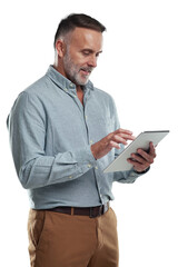 PNG studio shot of a mature man using a digital tablet against a grey background