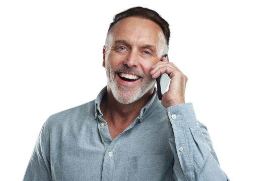 PNG studio portrait of a mature man talking on a cellphone against a grey background