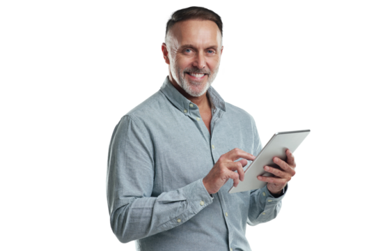 PNG studio portrait of a mature man using a digital tablet against a grey background