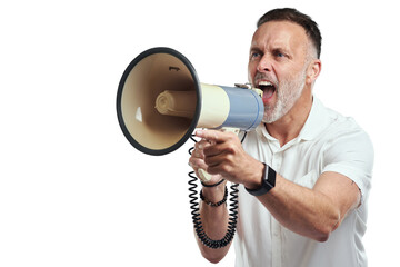 PNG studio shot of a mature man using a megaphone against a grey background