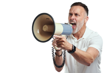 PNG studio shot of a mature man using a megaphone against a grey background