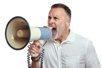 PNG studio shot of a mature man using a megaphone against a grey background