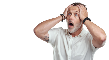 PNG studio shot of a mature man looking surprised against a grey background