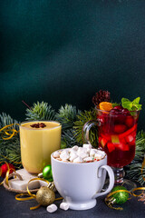 Set of traditional Christmas winter drinks. Christmas bar menu background.Tree cup with mulled...