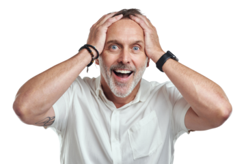 PNG studio portrait of a mature man looking surprised against a grey background