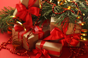 Bright New Year background with packed gifts