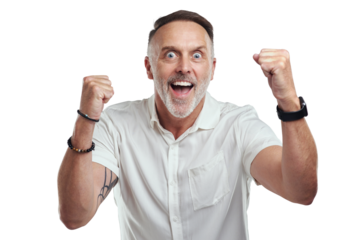 PNG studio portrait of a mature man cheering against a grey background