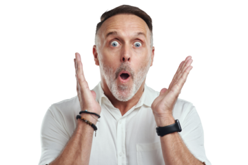 PNG studio portrait of a mature man looking surprised against a grey background