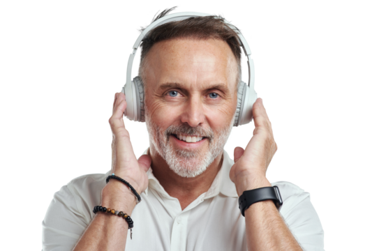 PNG studio portrait of a mature man wearing headphones against a grey background