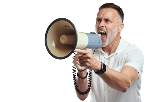 PNG studio shot of a mature man using a megaphone against a grey background
