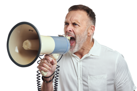 PNG studio shot of a mature man using a megaphone against a grey background