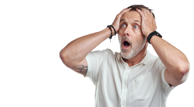 PNG studio shot of a mature man looking surprised against a grey background