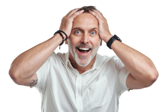 PNG studio portrait of a mature man looking surprised against a grey background