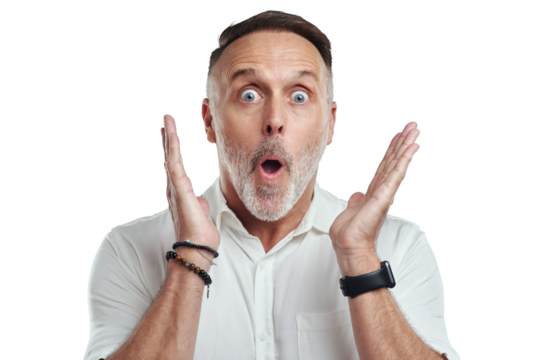 PNG studio portrait of a mature man looking surprised against a grey background - Powered by Adobe