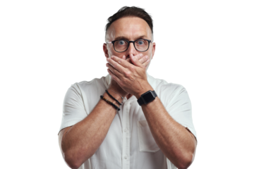 PNG studio portrait of a mature man covering his mouth and looking shocked against a grey background