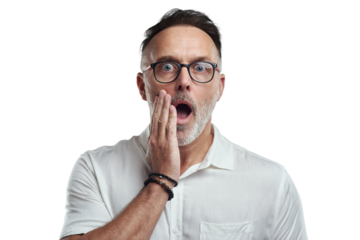 PNG studio portrait of a mature man looking surprised against a grey background