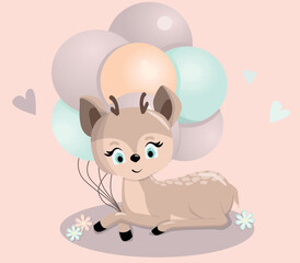 Cute fawn. Funny illustration of a bemby with balloons. Baby Hare