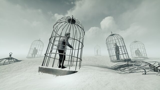 Art illustration with people in a cage