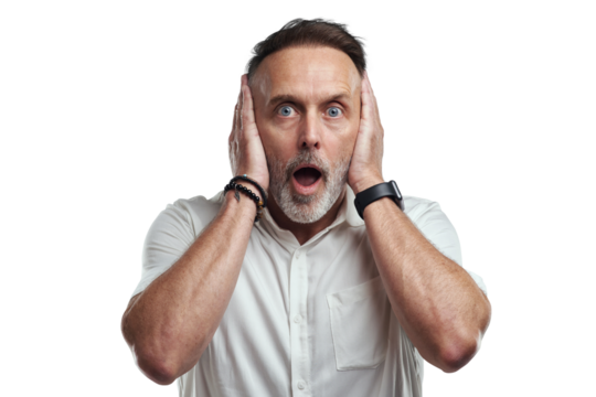 PNG studio portrait of a mature man covering his ears and looking shocked against a grey background