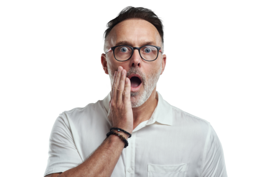 PNG studio portrait of a mature man looking surprised against a grey background