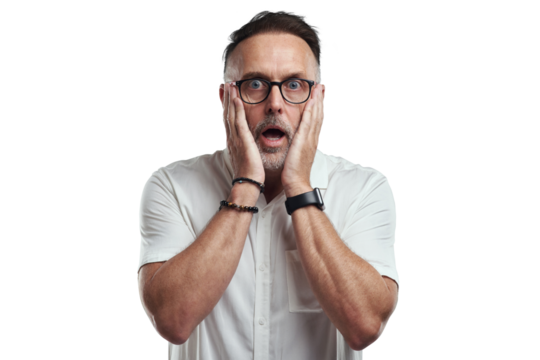 PNG studio portrait of a mature man looking surprised against a grey background