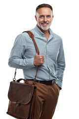 PNG studio portrait of a mature man carrying a bag against a grey background