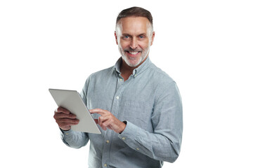 Obraz na płótnie Canvas PNG studio portrait of a mature man using a digital tablet against a grey background