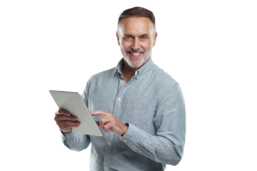PNG studio portrait of a mature man using a digital tablet against a grey background