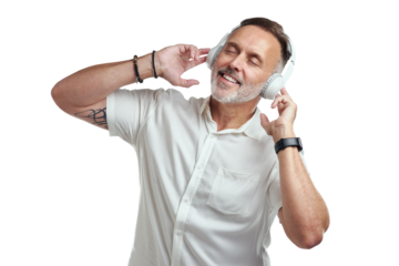 PNG studio shot of a mature man wearing headphones against a grey background