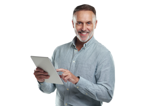 PNG studio portrait of a mature man using a digital tablet against a grey background