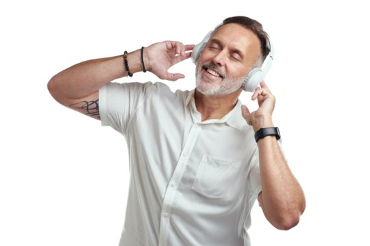 PNG studio shot of a mature man wearing headphones against a grey background - Powered by Adobe