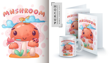 Cartoon character adorable love mushroom, pretty animal idea for print t-shirt, poster and kids envelope, postcard. Cute hand drawn style boletus.