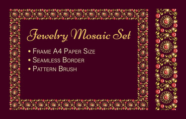 Jewelry set with rectangular mosaic frame, seamless border, pattern brush. Gold elements, red gems. Can be used for poster, invitation, greeting card, menu etc Vintage style