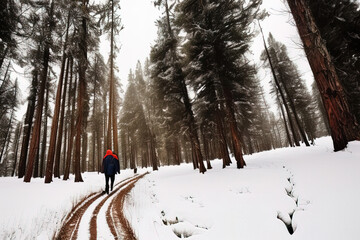 photo of a person walking through a snow-covered forest 