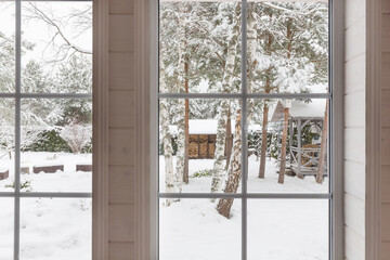 Home vinyl insulated windows with winter view of snowy trees and plants