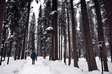 Fototapeta premium photo of a person walking through a snow-covered forest 