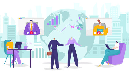 Futuristic businessman together handshake, global online internet business web negotiation flat vector illustration, isolated on white.