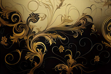 golden floral background, golden baroque design element, gold and black, baroque background, illustration, luxury, wallpaper, banner, generative ai