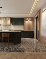 modern living room with kitchen