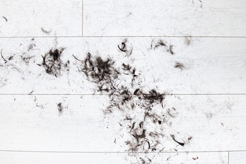 Short cropped hair on a white laminate, on a parquet floor. Cutting hair